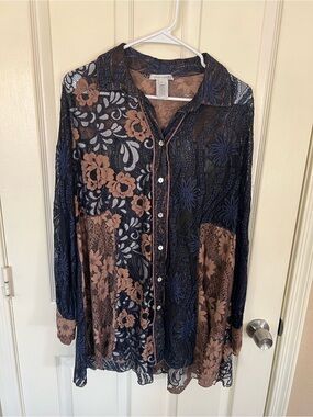 John Mark NWT Patchwork Lace Button Front Tunic Navy Floral Large
